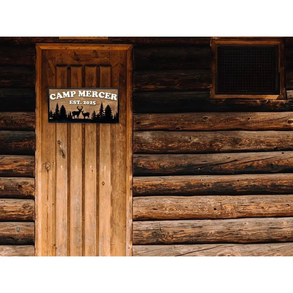 Custom Camp Sign Deer & Trees Personalized Cabin Lake House River Hunting Decor